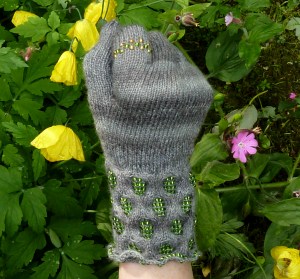 Opus 300 gloves with beaded and cabled cuffs, and beaded finger ring